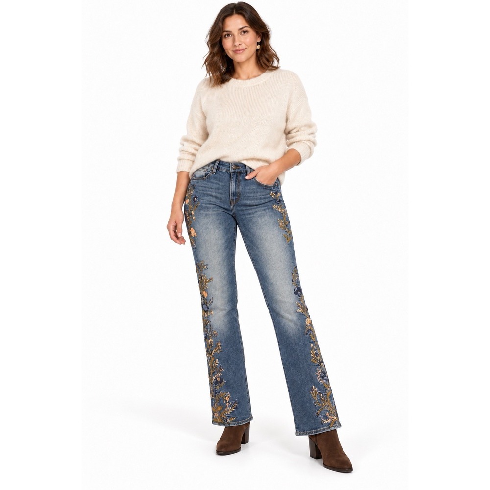 Driftwood Kelly Jeans Womens 30 Floral Embroidered Bootcut Blue Stretch Boho - Picture 2 of 13